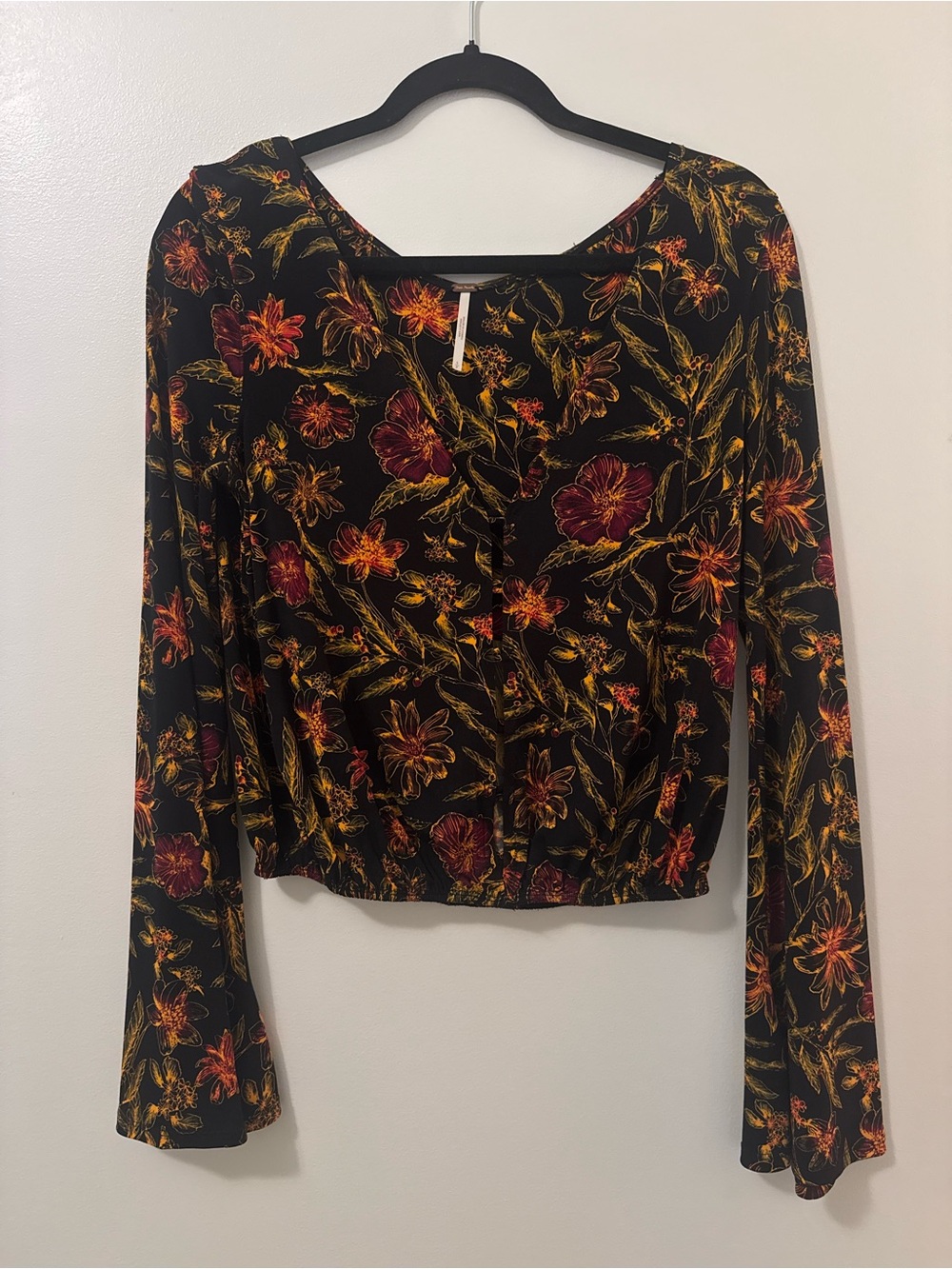 Free People Women's Black Floral Long-Sleeve Blouse - Autumn Floral Print